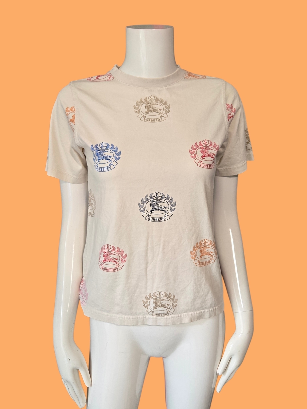 Burberry Cream Short-Sleeve Tee with Multicolor Crest Emblems